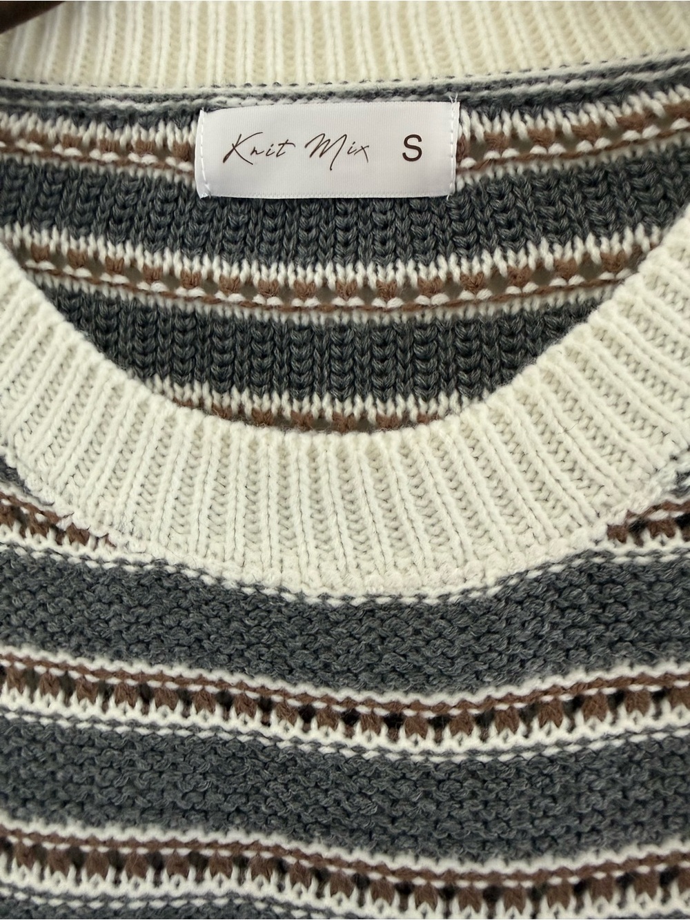 Soft, Knit Striped Crewneck Sweater in Cream & Gray - Picture 3 of 8